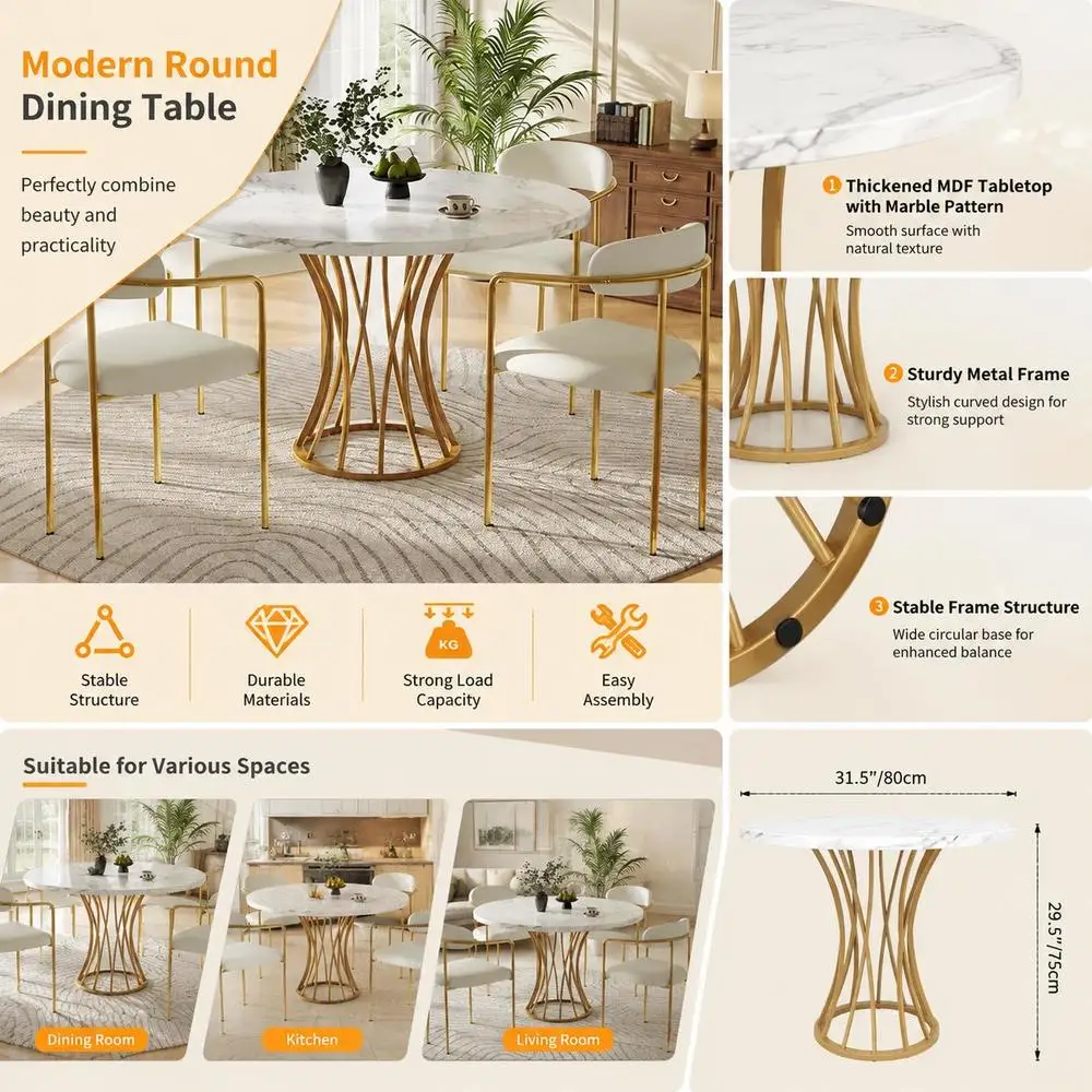 Ensemble de table à manger ronde 5 pièces avec 4 chaises, plateau en MDF marbre blanc et pieds en métal doré, sièges rembourrés en velours gris, meubles de cuisine modernes pour petits espaces, diamètre 80 cm