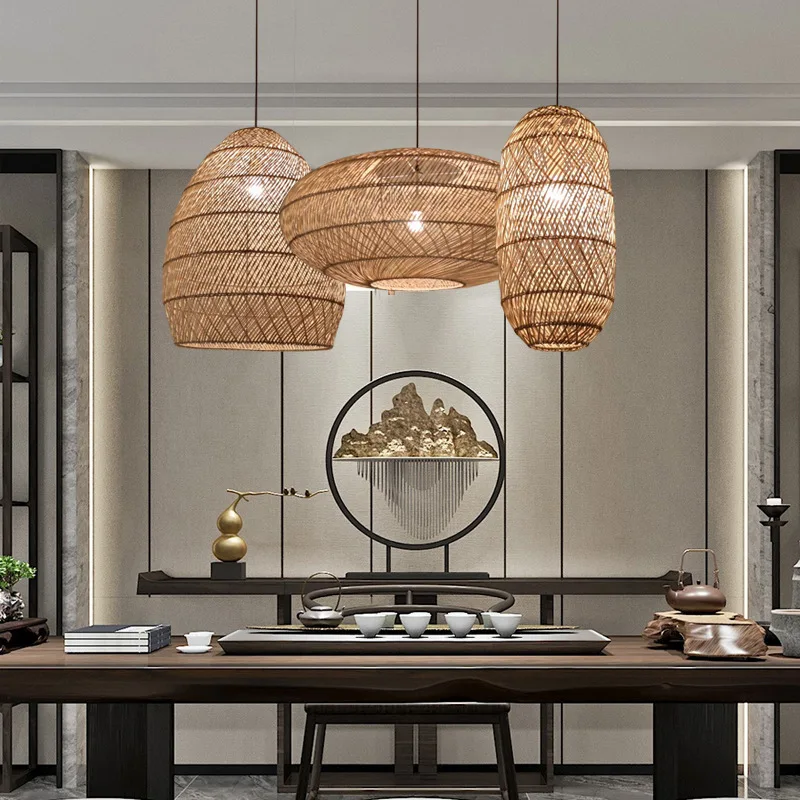

Nordic Pendant Lights Bedroom Chandeliers Living Room Kitchen Lamp Hand Weaving Bamboo Art Lighting Pendant Lamp Room Decor