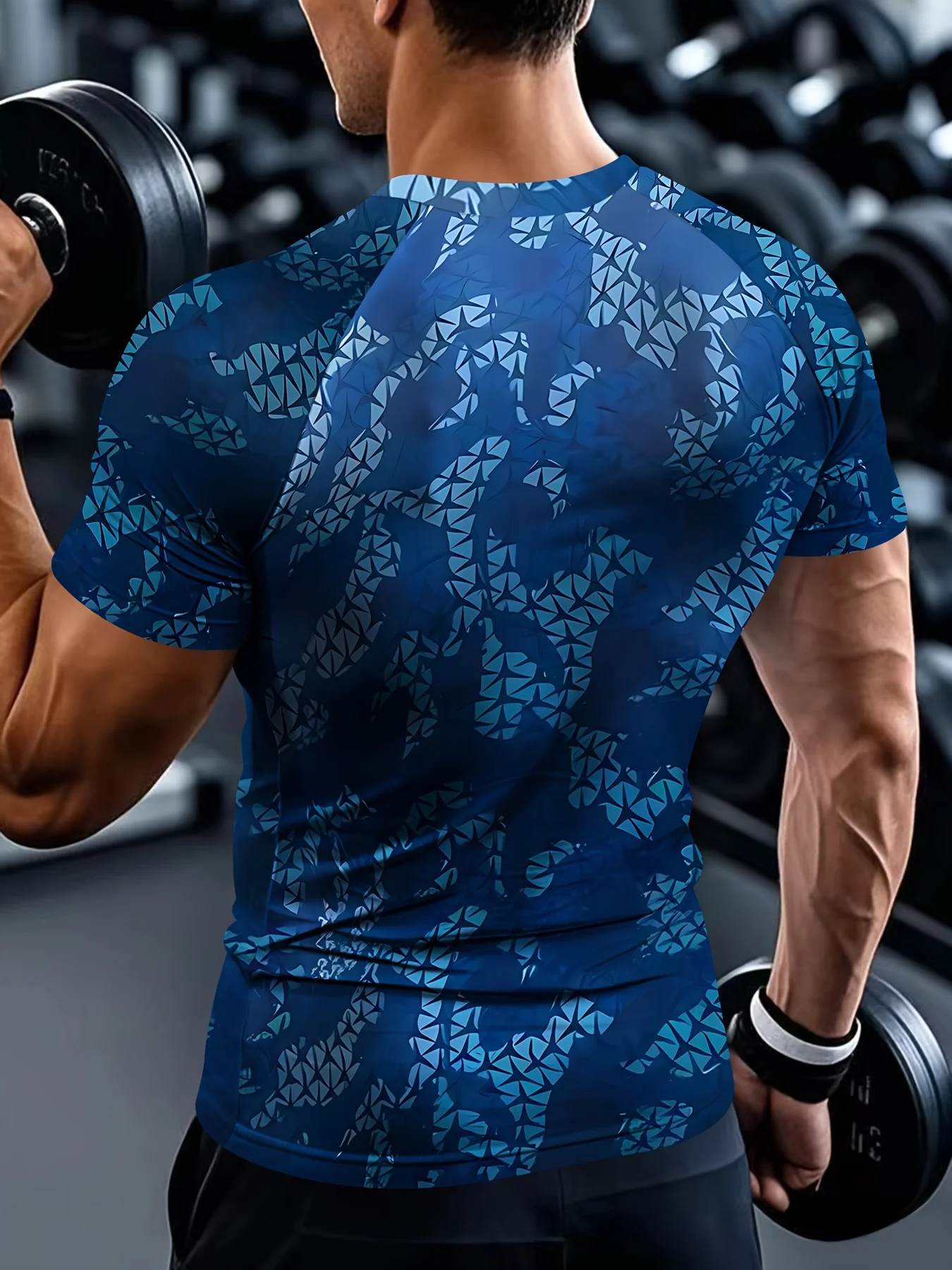 Men Quick Dry High Elastic Sport T Shirt Blue Camo Triangle Print Raglan Sleeve Breathable Fitness Top - view 3