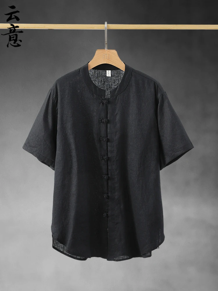 

Летняя мужская льняная рубашка с коротким рукавом, повседневная, на пуговицах, с воротником-стойкой, в стиле танк, ретро, из тонкой ткани, удобная, свободного кроя