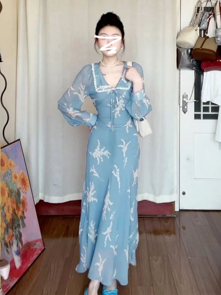 Colar de boneca longo floral azul Dr feminino primavera outono novo Sle Ele High-End Long Dr Sweet japonês Sle A-...