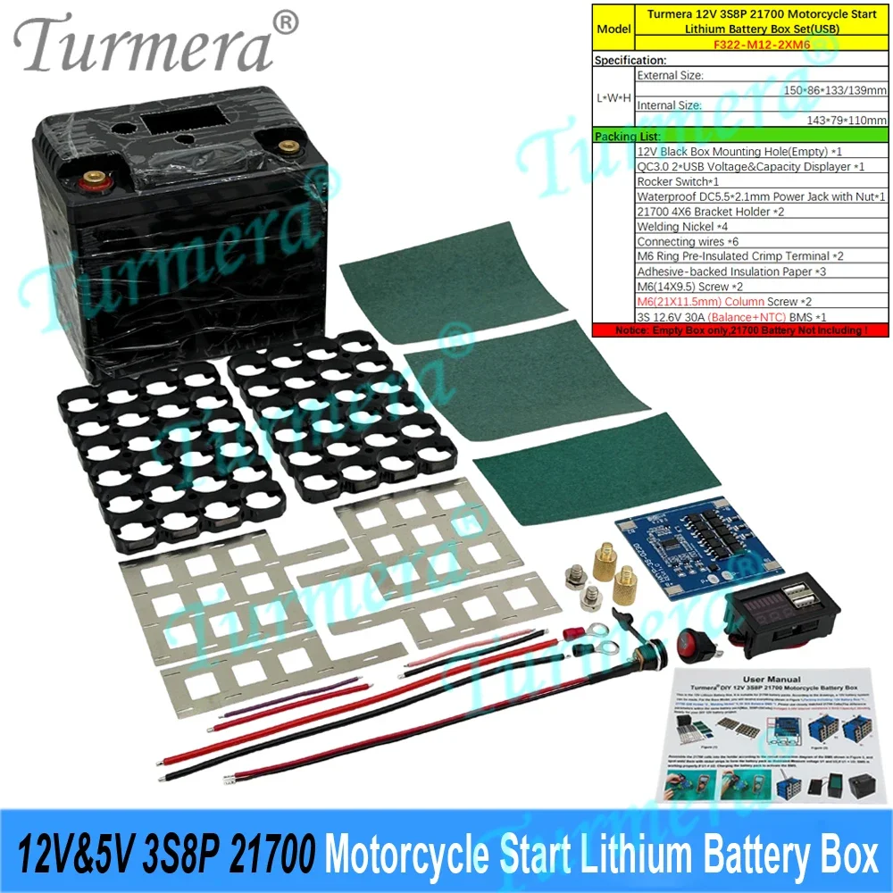 3S8P 30A BMS 12V 21700 Motorcycle Start Battery Box  Customize Capacity Displayer 2*USB 5V Power Bank Controllable Dual-Channel