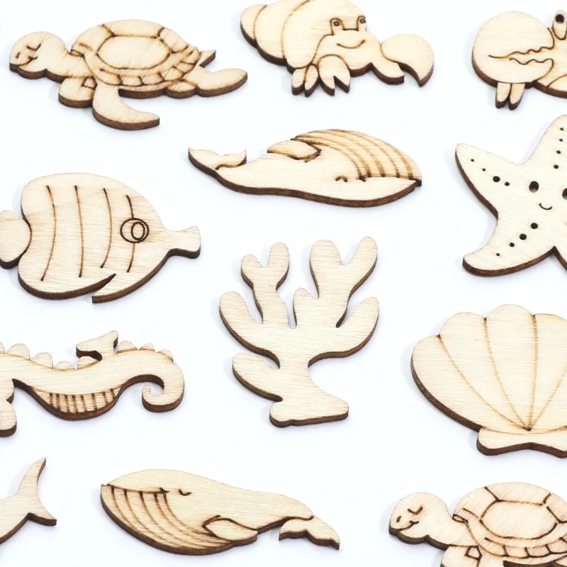 20pcs 12-40mm Mixed Sea Turtle/Horse/Whale Wood DIY Crafts Home Decoration Handicraft Wooden Wedding Embellishments Arts