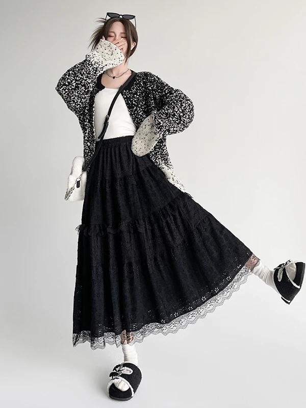 Elegant White Lace A-Line  Skirt for Women Gentle Fairy Tale Style Cake Skirt High Waist Polyester Fiber Standard Fit