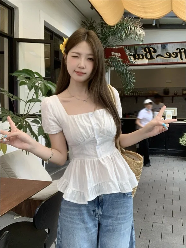 

Slimming Effect Short Sleeve Shirt Women's plus Size Polka Dot Square Collar Top Korean Style Commute Wind Regular Length