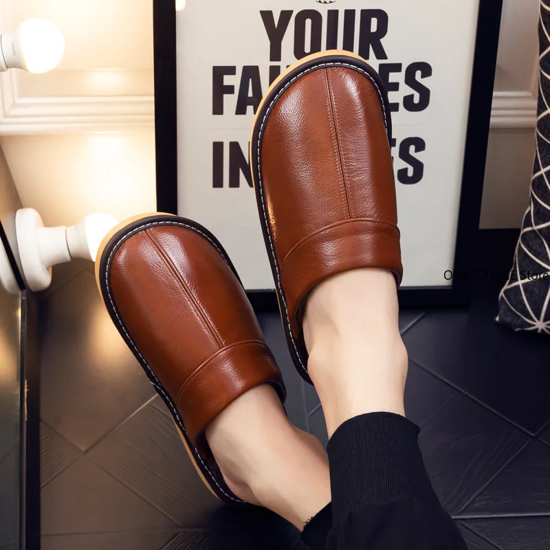 

Wholesale Male and Female Couples Slippers Household Warm Leather Thick Bottom Non-slip Indoor Waterproof Home Cotton Slippers