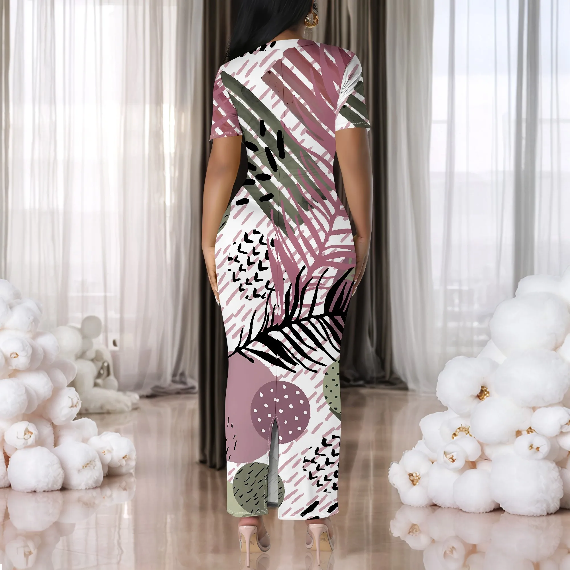 Colorful Artistic Doodle Bodycon Maxi Dress Women’s Short Sleeve Casual Abstract Print Fashion