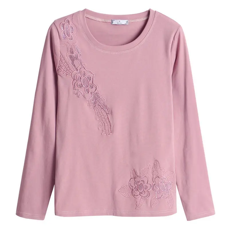 Fashion Embroidered Solid Color Long Sleeve T-shirt Women 2022 Simple All-match Commute Female Diamonds O-Neck Pullovers Tops