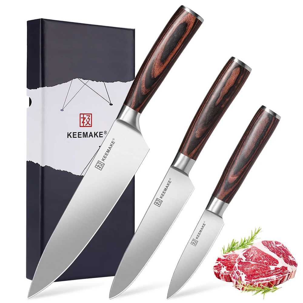 KEEMAKE Chef's Knives Set 3PCS High Carbon Stainless Steel Kitchen Knife Cutting Tools Ergonomic Pakkawood Handle Home Cooking