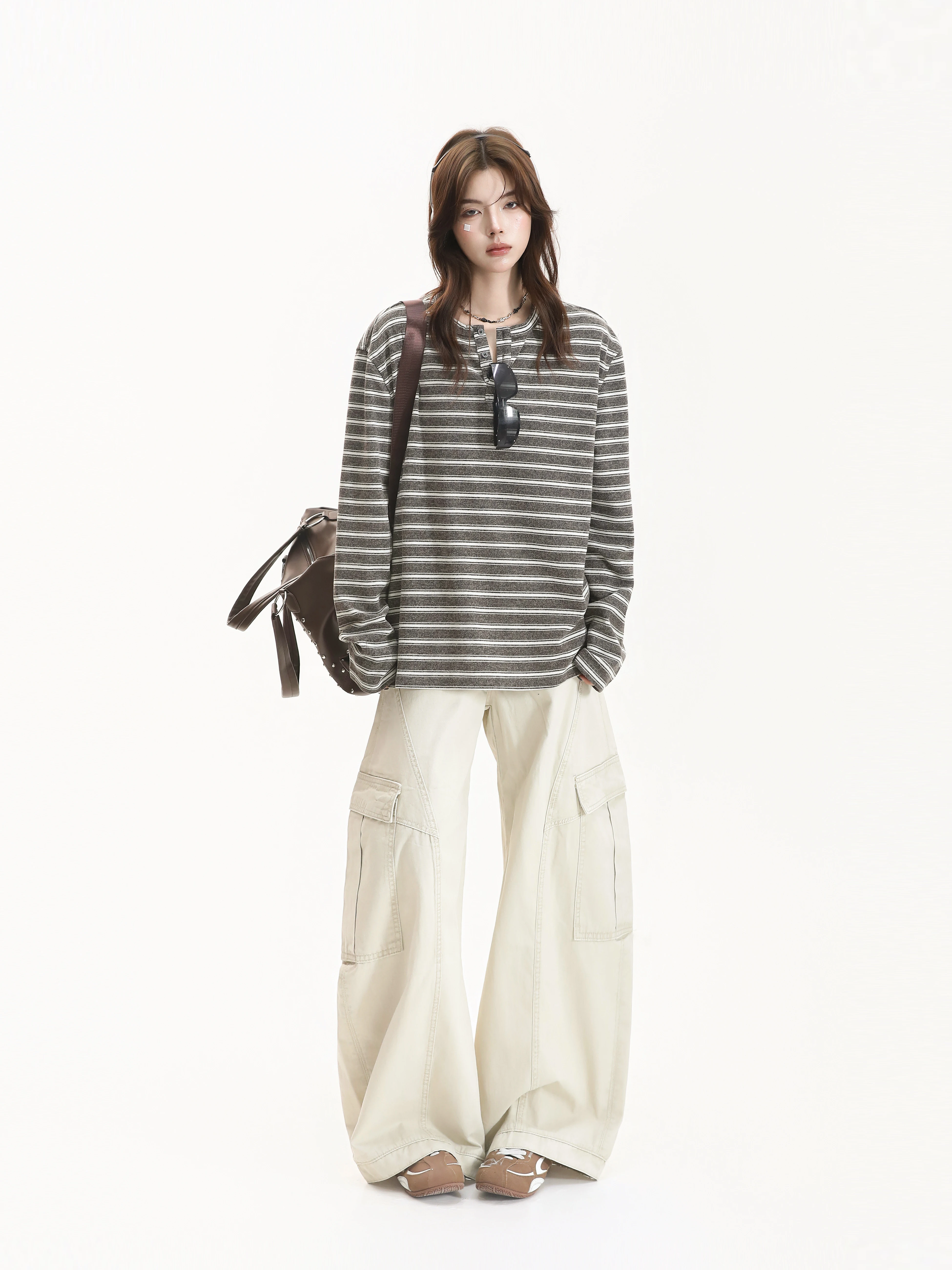 Vintage Contrast Color Design Henry Collar Striped Long Sleeve Neutral Style Base Shirt Casual Loose Fit T-shirt for Youth