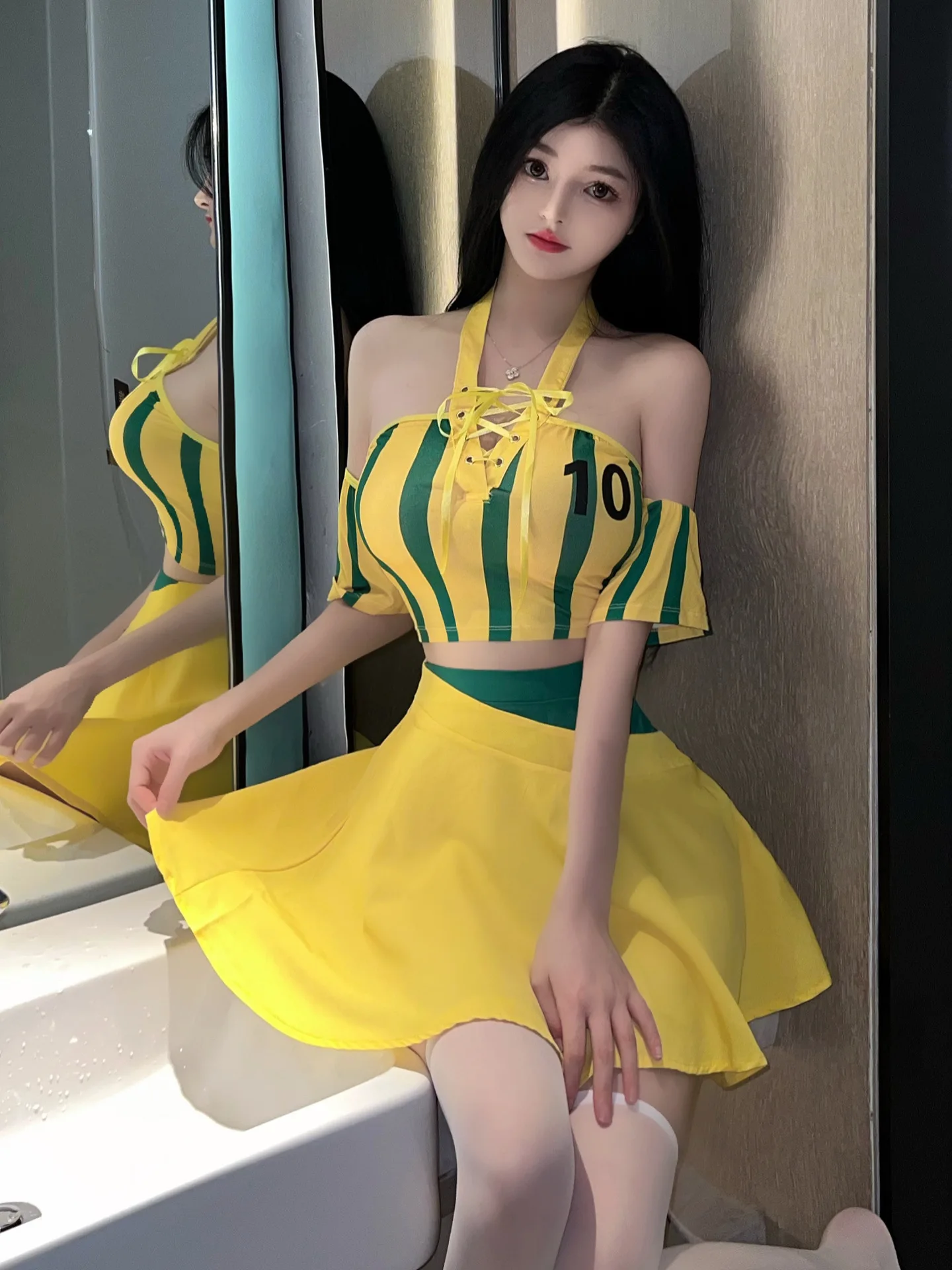 Halter Yellow Letter Mini Dress Sexy Football Baby Uniform Top Short Fashion Women Top elegante Cute Girl S256