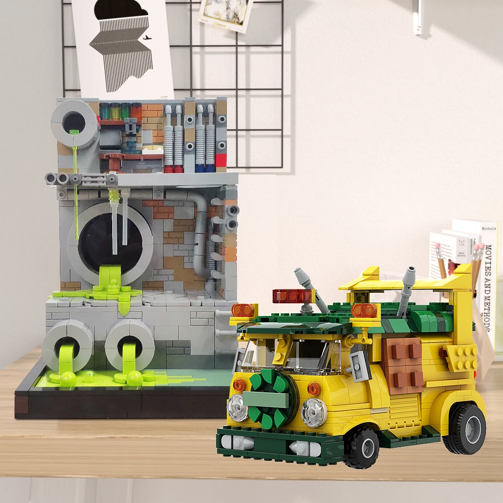 Moc Turtle Van Party Wagon klocki filmy do kanalizacji DIY modele samochodów zestawy zabawki-ciężarówki dla dzieci prezent urodzinowy Anime dla