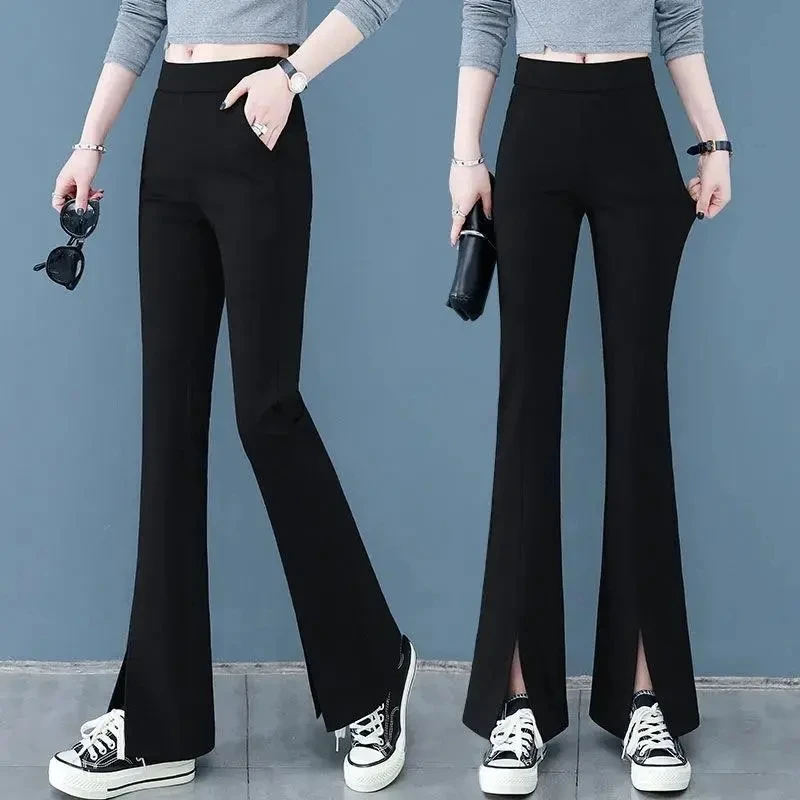 

Split Ice Silk Micro Pants Women Elastic High Waist Slim Suit Pants 2023 Spring New Large Size Fashion Versatile Casual Trousers