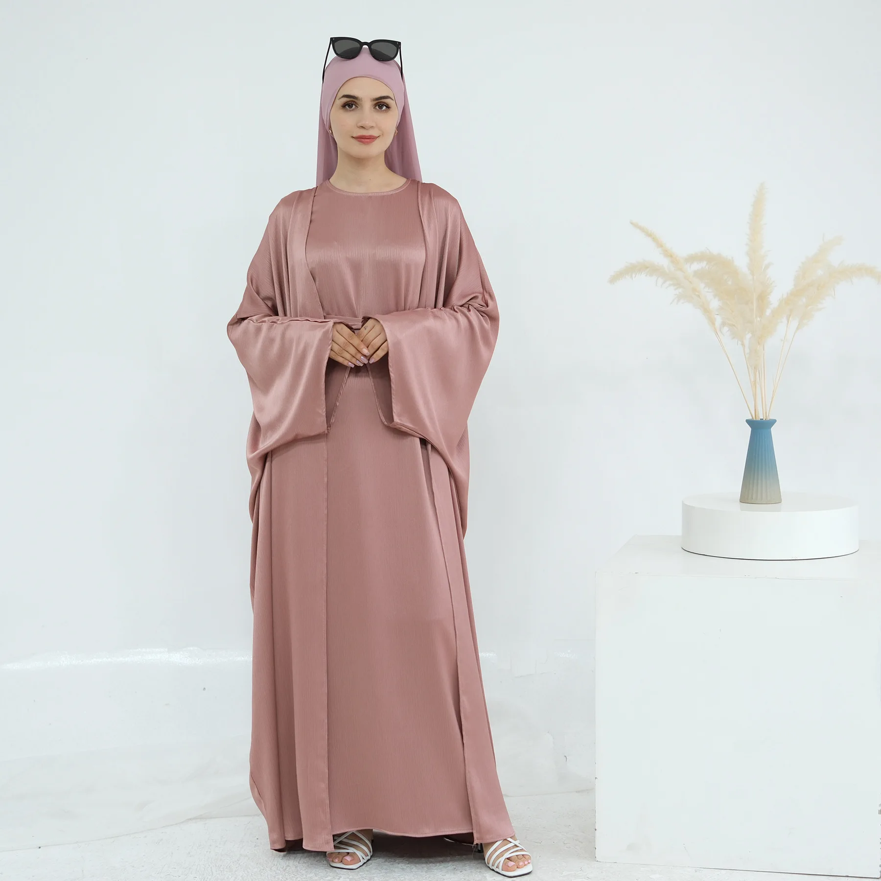 Femmes ouvert Abaya caftan dubaï turquie 2 pièces ensemble musulman Islam Robe Kimono Maroc vêtements Caftan Kebaya Jalabiya Eid costume