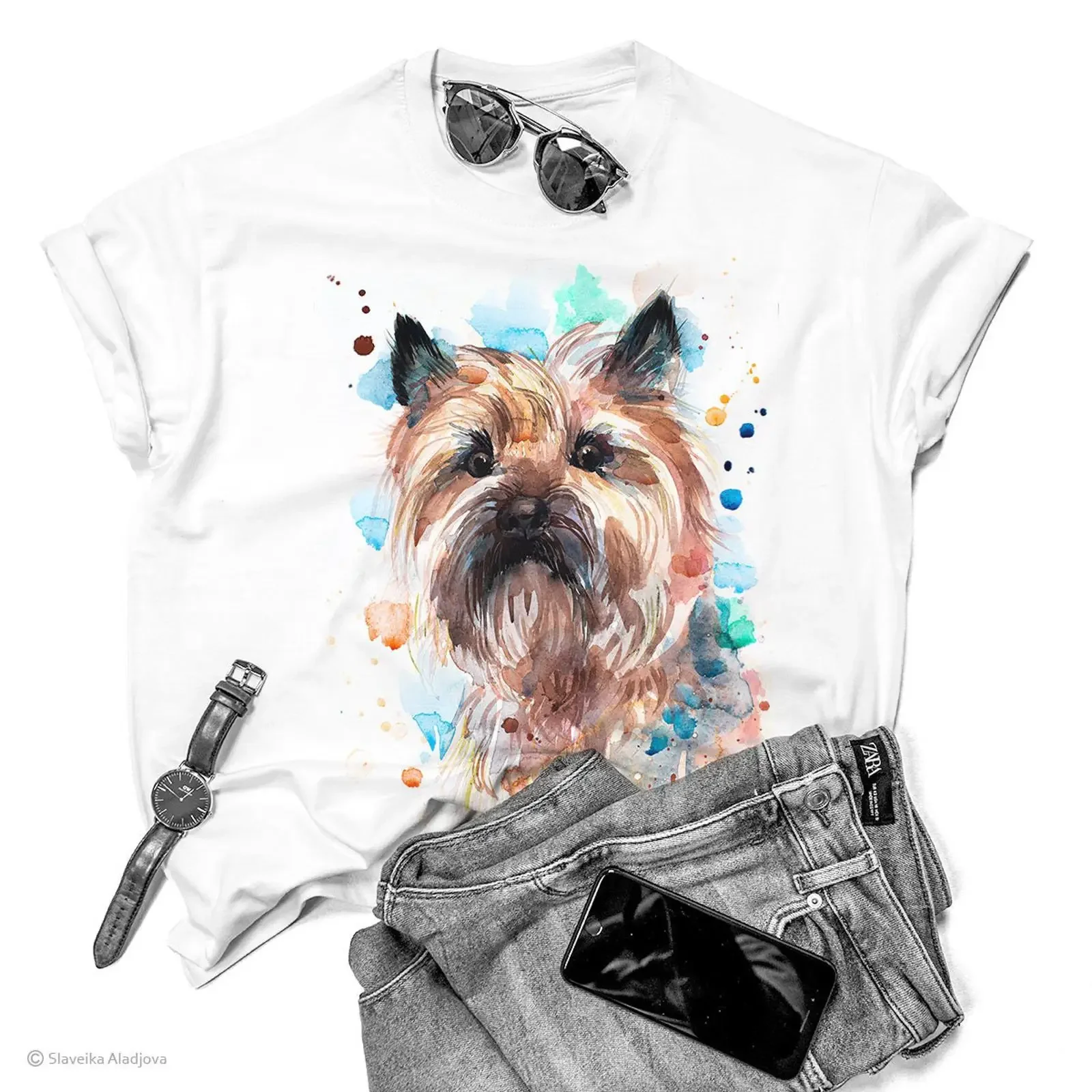 Cairn Terrier Watercolor Print T shirt 100 Ring Spun Cotton Casual Ladies Women Shirtns Girls  vintage Washed Stylish homme