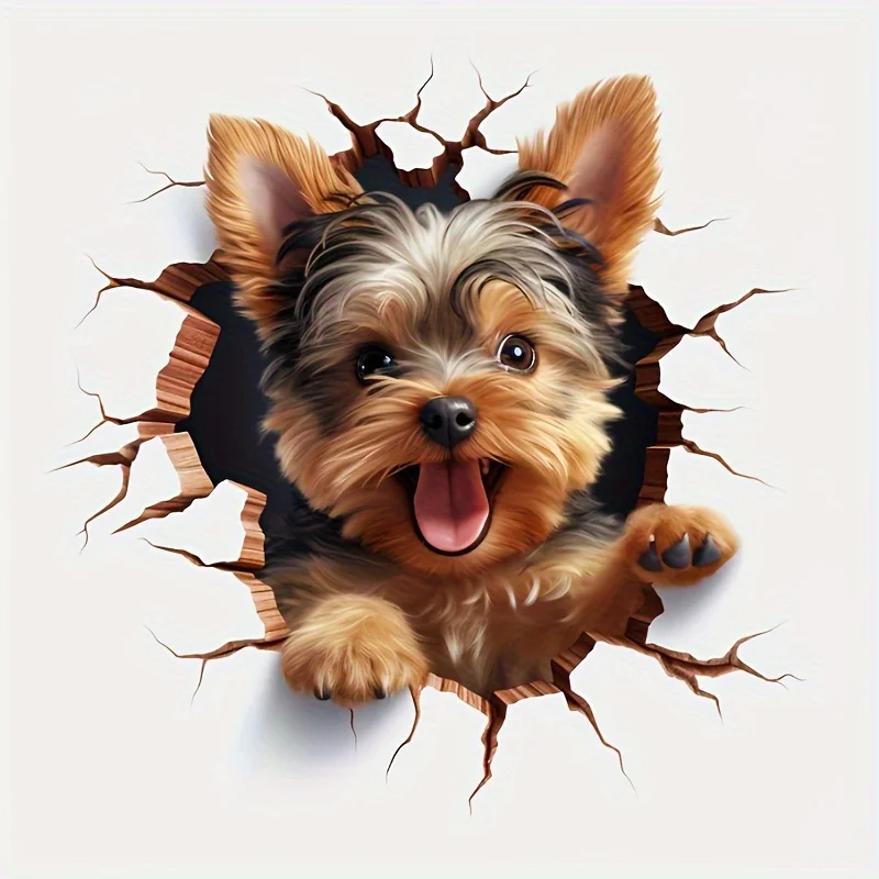 Realistic Fur Texture Yorkshire Terrier Stickers, Crack Wall Decals, Durable PE Material for Car Laptop Decor