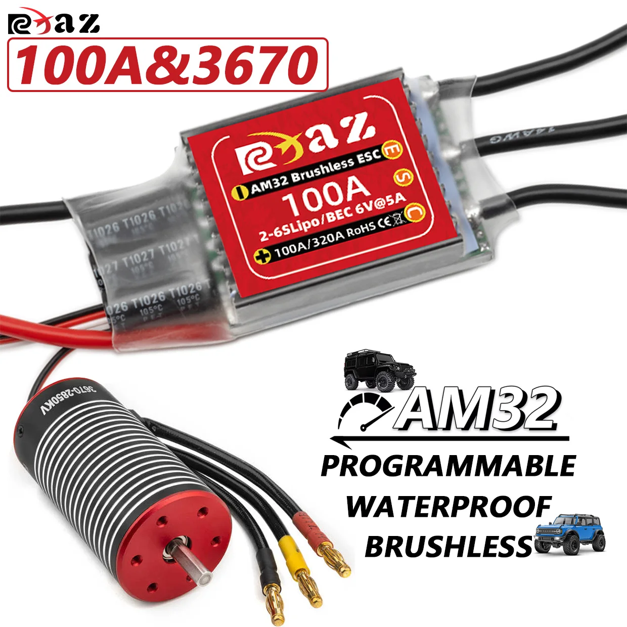 

RCXAZ Brushless Combo 3670 Inward Turn Brushless Motor and AM32 100A Brushless ESC Programmable for 1/8 1/10 RC Traxxas Tamiya