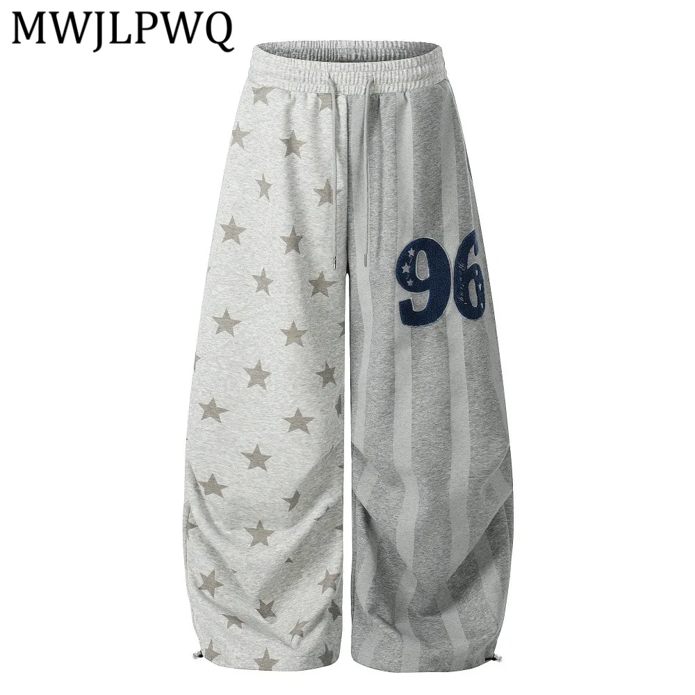 MWJLPWQ Wide-Leg Curved Pants Male Printed Design Unique Casual Loose Sweatpants For Men Vibe Hip-Hop Trendy Trousers 15328