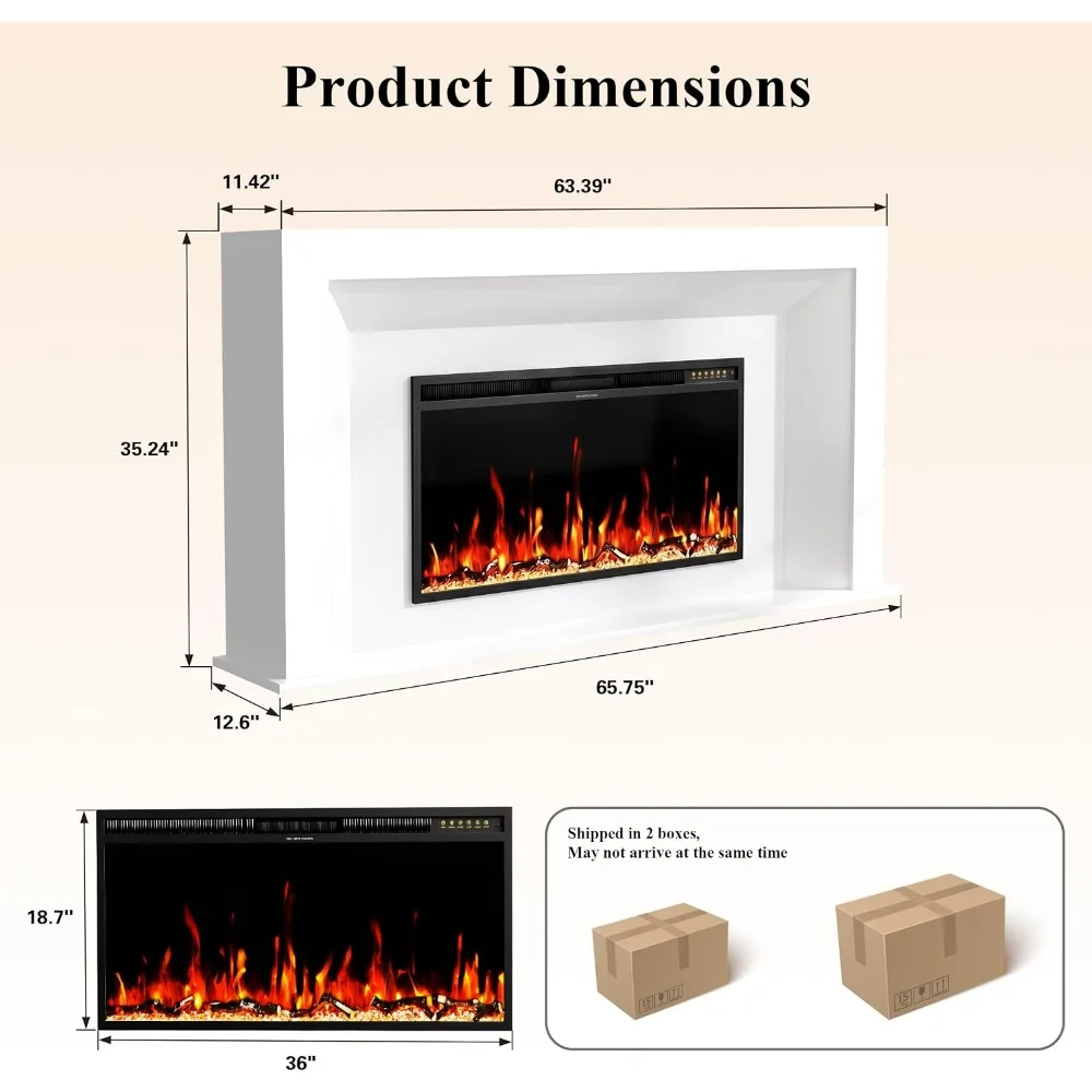 65 Inch Fireplace with Mantel, TV Stand, 12 Flame Colors, Remote and Touch Screen Controls, White