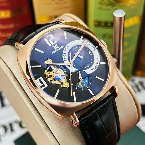 Imagen 1 del producto Reloj mecánico retro de alta gama y elegante para hombre, esfera hueca, caja de aleación, correa de cuero, ropa informal de negocios, regalo para su mejor, no requiere baterías