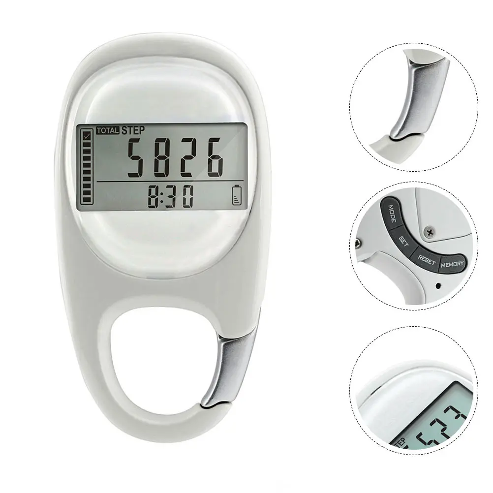 

3D Pedometer White ABS Walking Step Counter Sports Gadget Fitness Tool Carabiner Small Size Display Screen Durable Practical