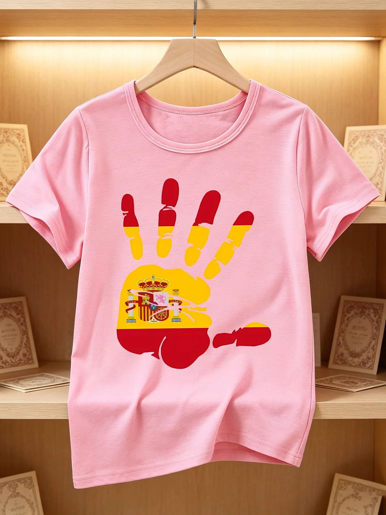 Spanish Flag Hand Silhouette With Coat Of Arms Graphic Kids T Shirt Short Sleeve Round Neck Summer Tops For Boys Girls