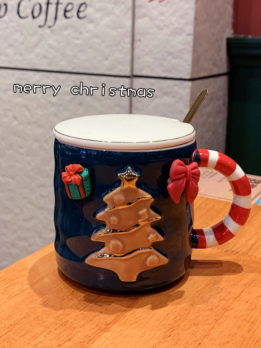 380ml High Beauty Ceramics Mug With Lid Spoon Merry Christmas Party Gift For Family Couple Cute Christmas Tree Milk Water Cup