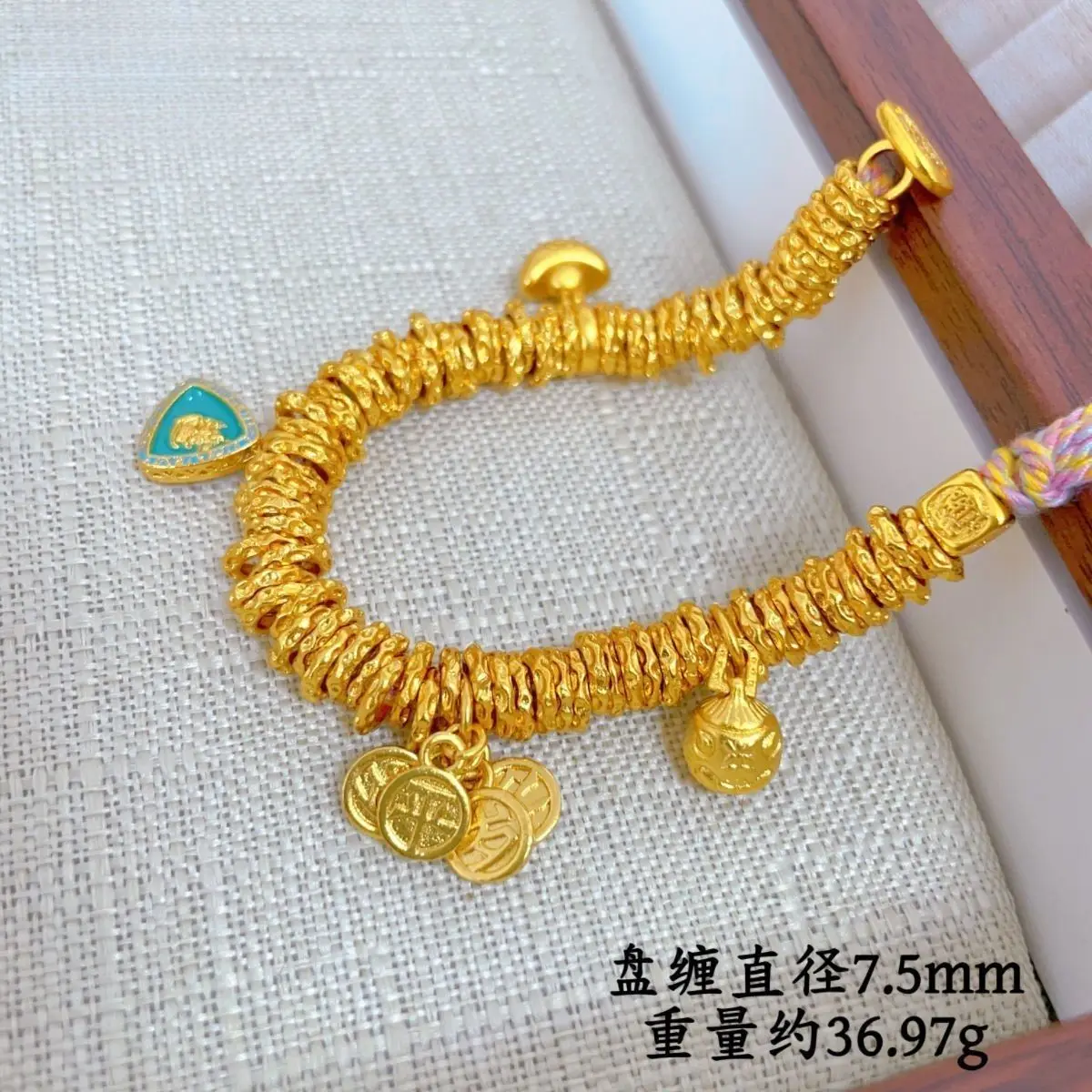 24k Real Gold Plated Brass Handmade Weave Bracelet Chinese Traditional Lucky Fortune God Ingot Charms Blessing Peace Prosperity