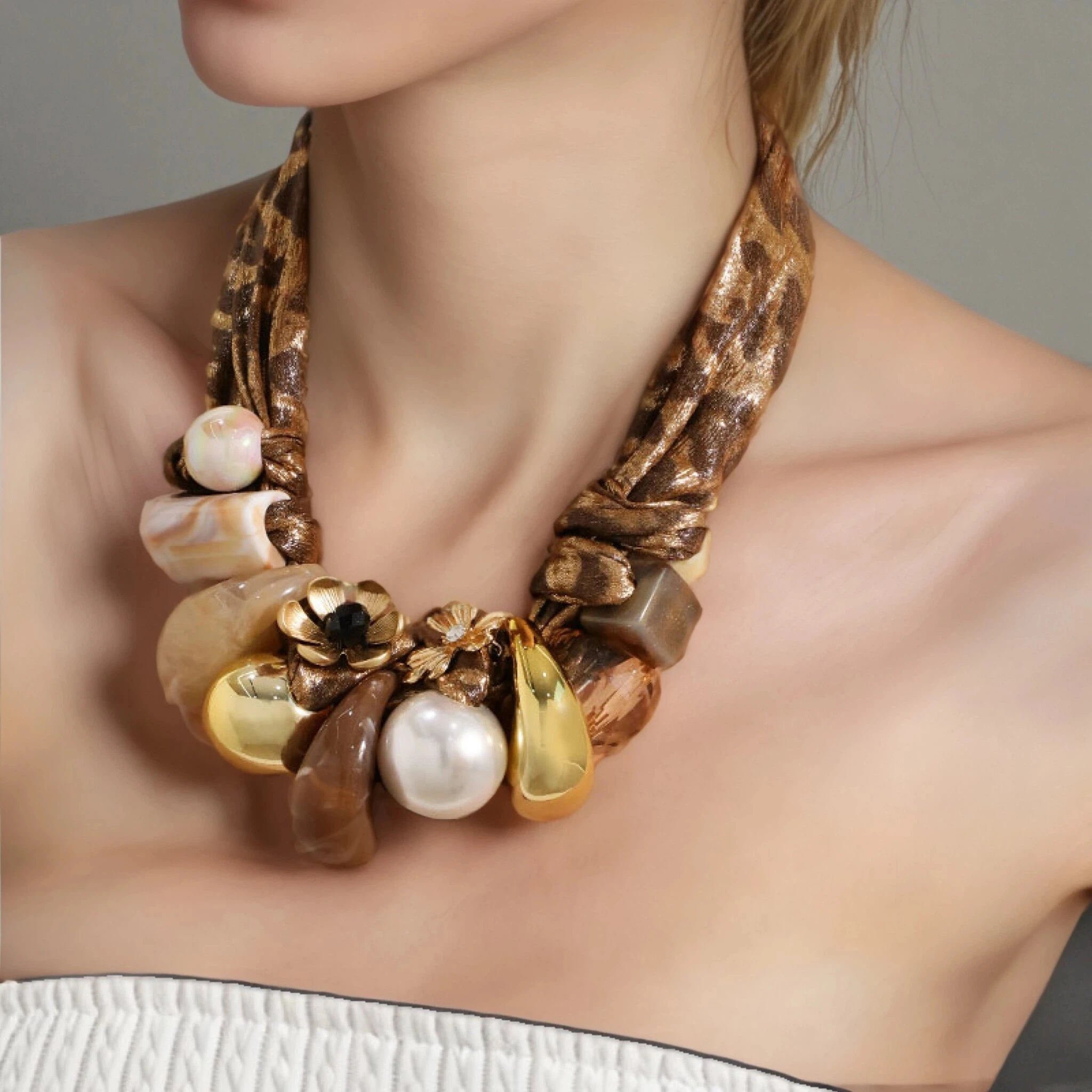 

Statement Retro style Leopard Silk Scarf Multi-element Necklace for Women Girl Wedding Party Jewelry