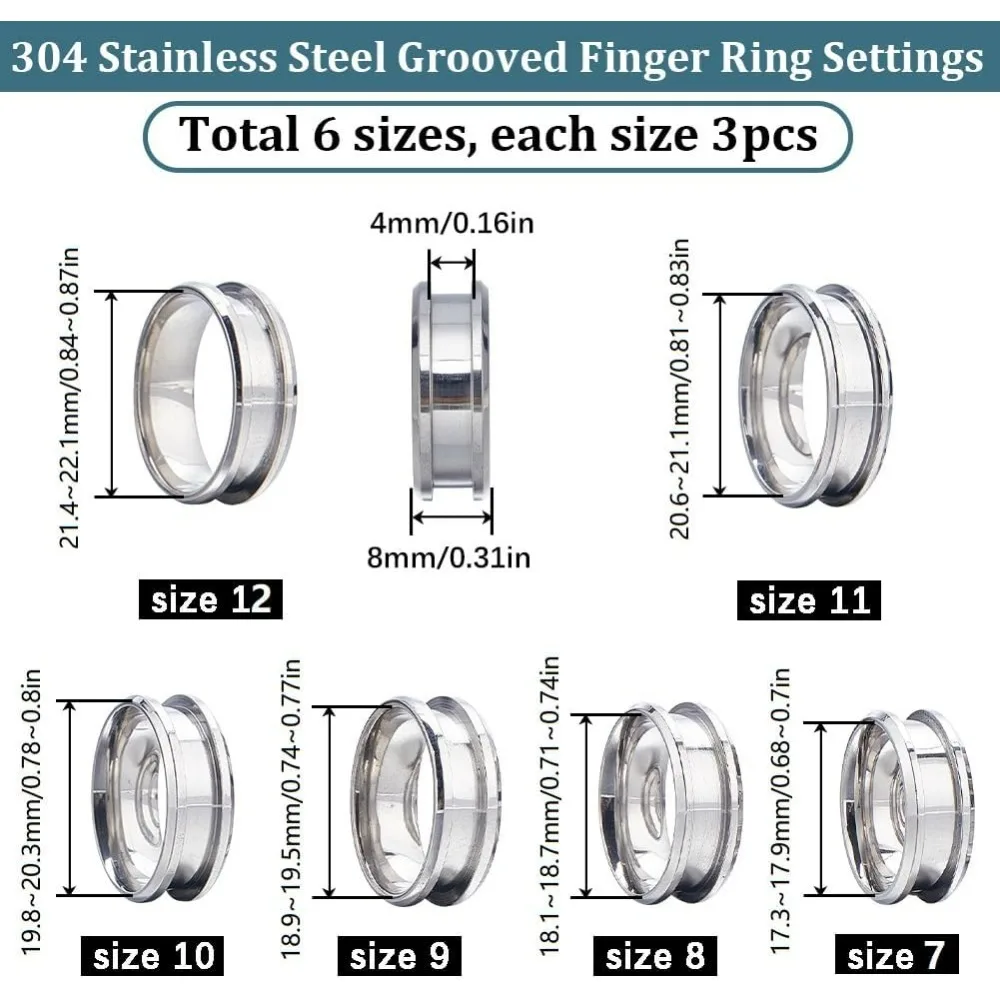 1 Box 18Pcs Stainless Steel Grooved Finger Ring US Size 7/8/9/10/11/12 Ring Core Blanks 8mm Wide Empty Round Grooved making kit image 2