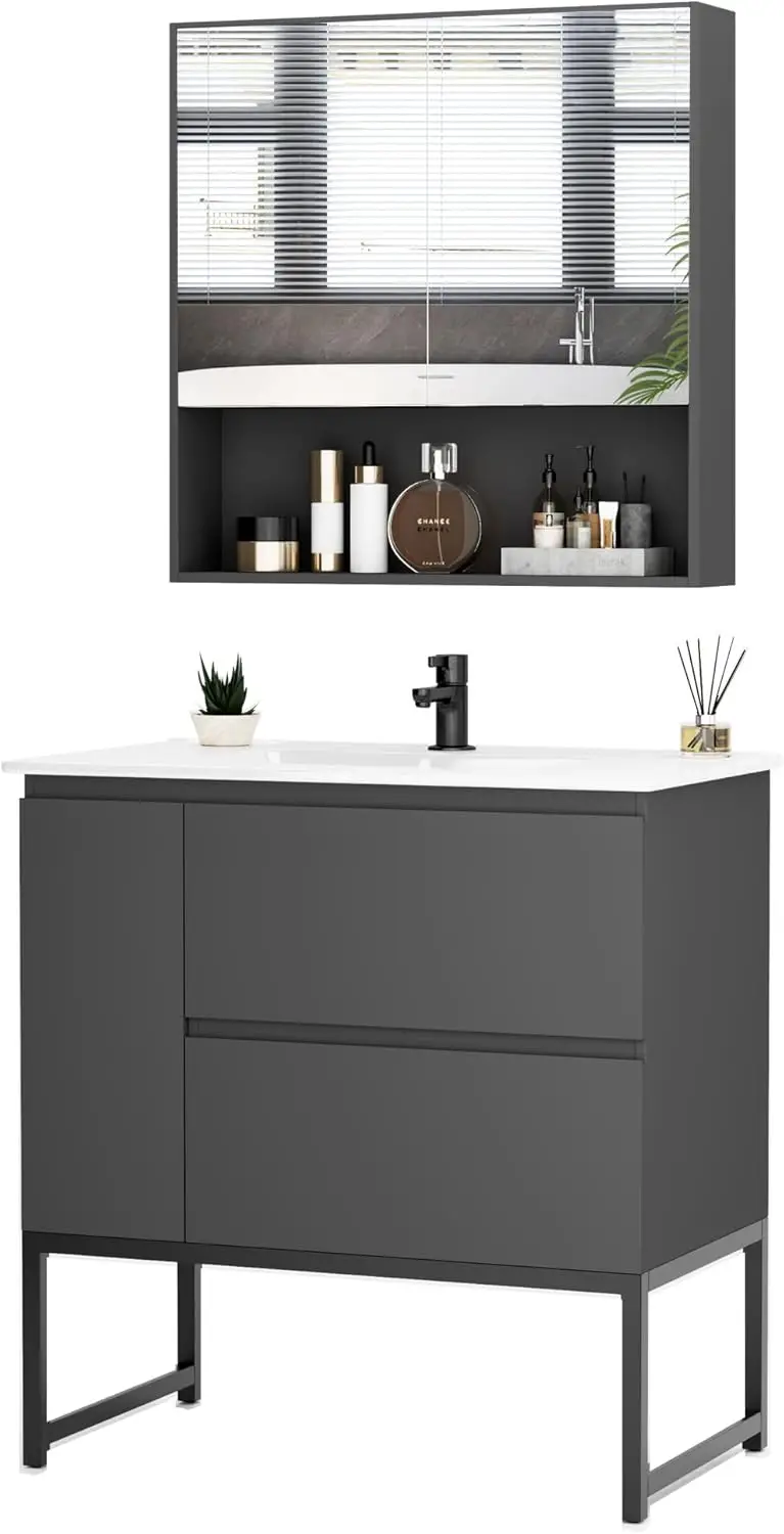 

32" Floor Bathroom Vanity with Mirror Cabinet & Top Sink Combo Set, Modern Bath Room Storage and Makeup Solution with 2 Drawers