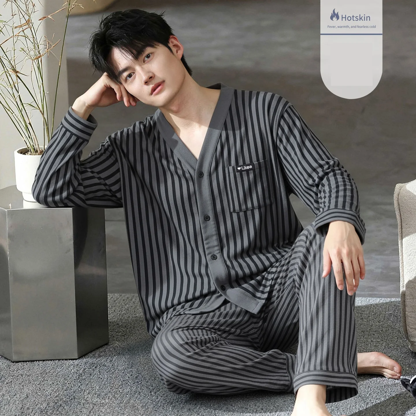 

Осенние пижамы с v-образным вырезом, мужской пижамный комплект, полосатый принт, японские кимоно для мужчин, большие ярды 3XL, тонкий бархатный теплый юката, пижама Hombre