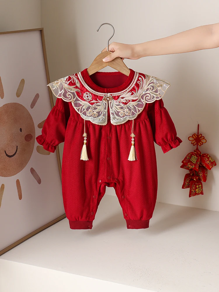 Chinês sle bebê menina rer outono roupas de bebê recém-nascido tradicional hanfu um ano de idade cerimônia de aniversário roupa