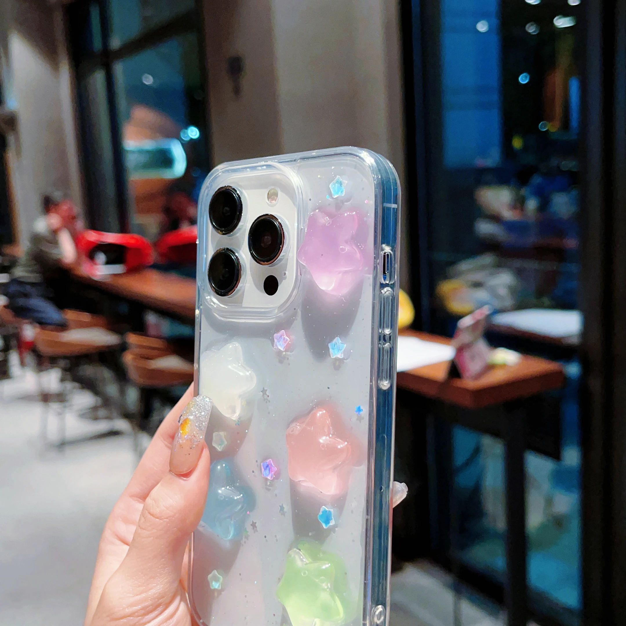 3D epoxy luminous star shaped phone case suitable for iPhone 15, 14, 13, 12, 11 Pro Max Plus Mini transparent TPU surface