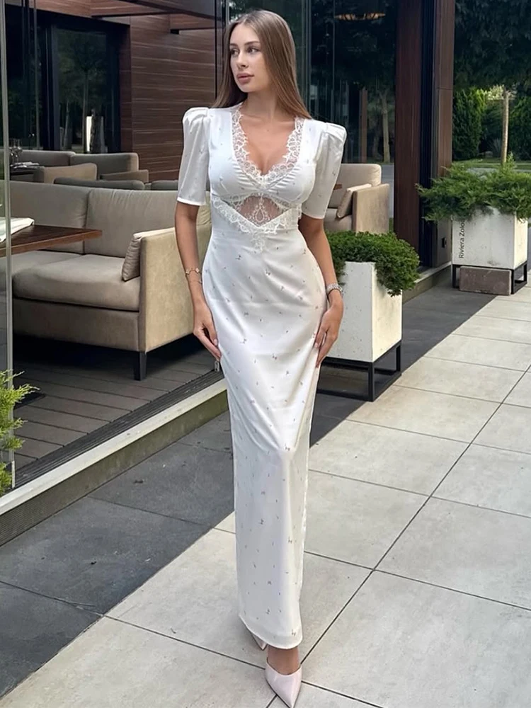 

Trendix Sexy Lace Elegant Long Dress For Women 2025 Autumn New Hollow Out Short Sleeve Maxi Dresses Party Lace Print Dress Fall