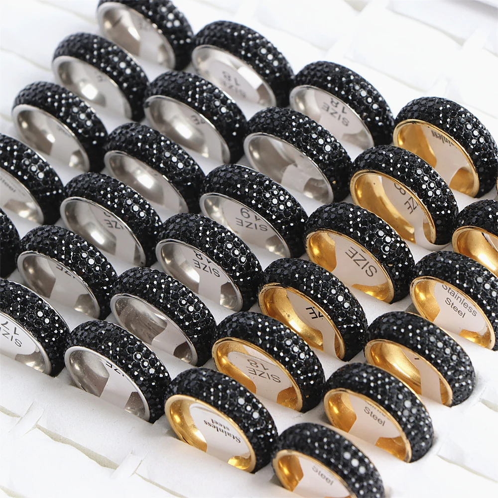 Wholesale 36pcs/lot Fashion Rhinestones Stainless Steel Rings For Women Men With Box Simple Smooth Crystal Jewelry Party Gifts