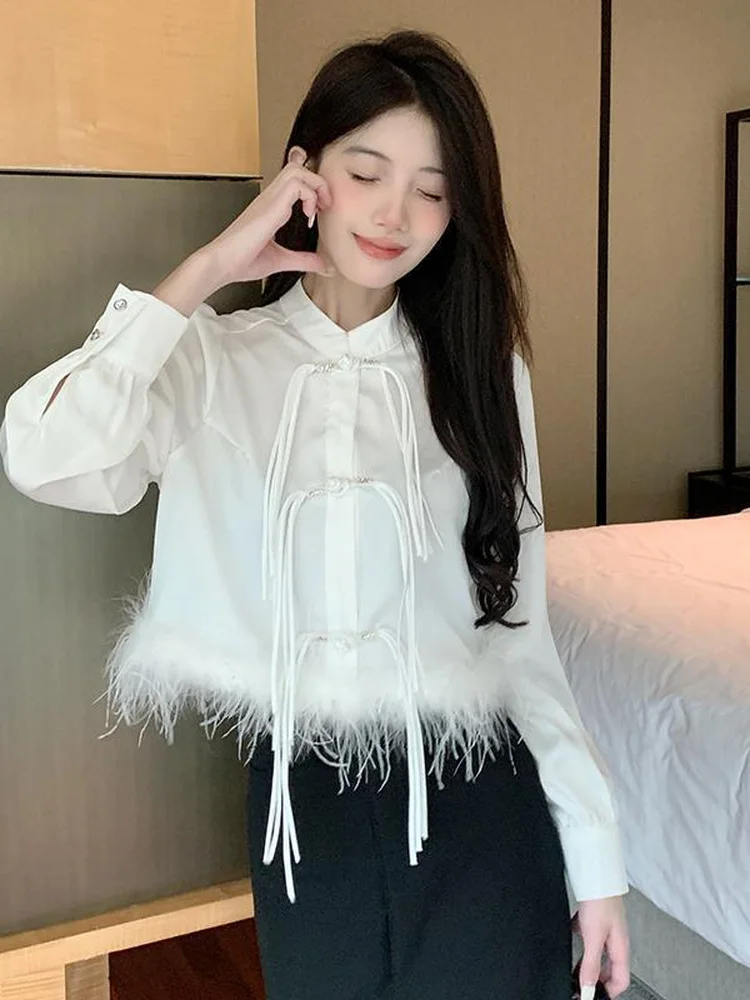 

New Chinese Sle White irt for plus Size Women Spring Autumn Large Size 300 Pou Ostrich Feather Splicing Top Button Design