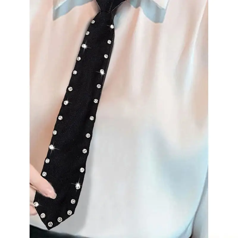 31BF Uniform Black Ties for Senior High School Girl Uniform Pre-tied Preepy Look Adjustable Neck Ties with Crystal