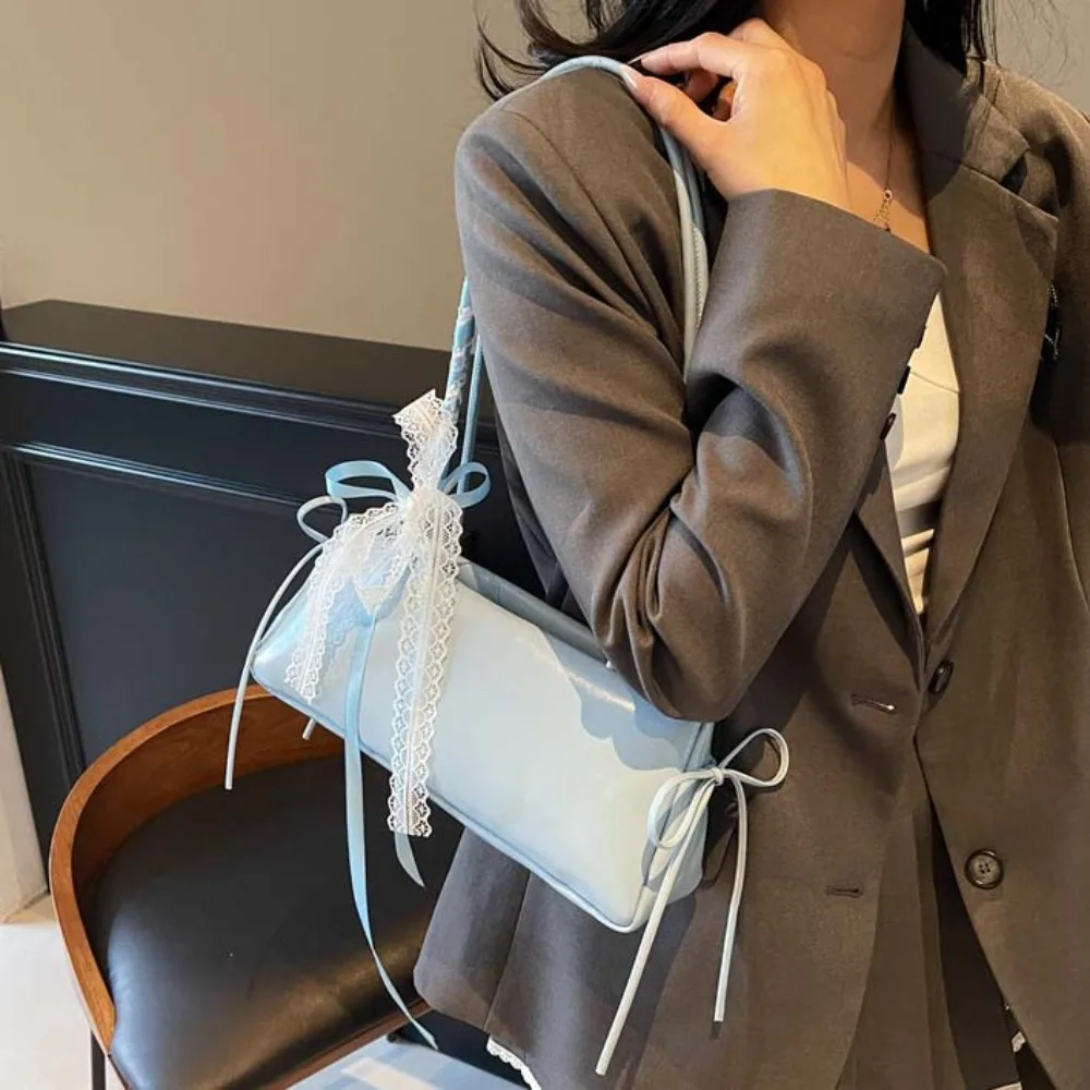 

Solid Color French Stick Handbag Bow Ribbon Y2K Silver PU Shoulder Bag Large Capacity Waterproof Cylinder Underarm Bags Women