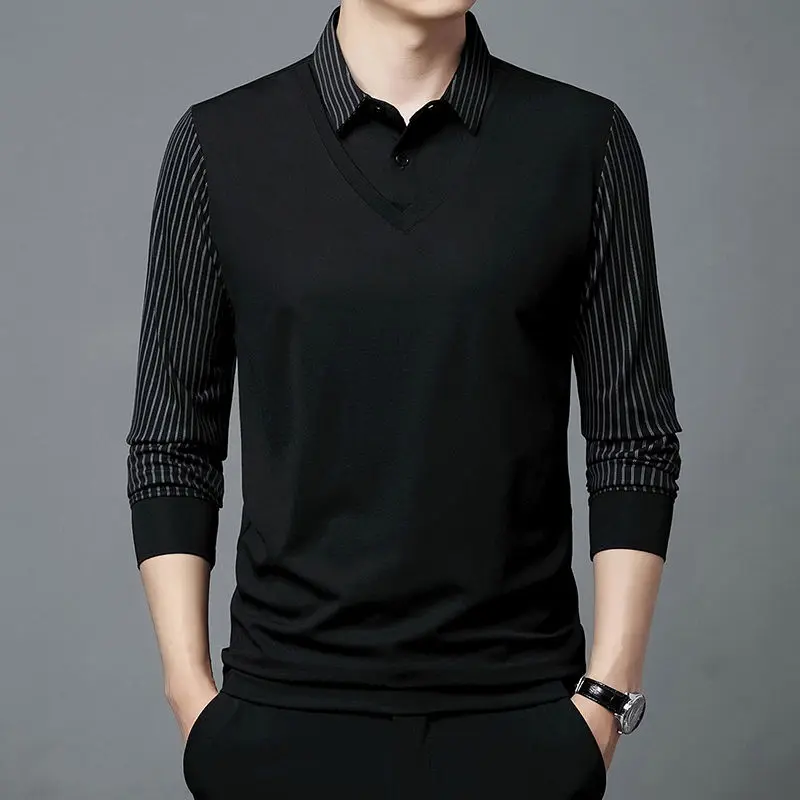 Spring Auturm New Men's Clothing Embroidery Polo Turn-down Collar Long Sleeve Button Solid Ice Casual Breathable Slim Tops