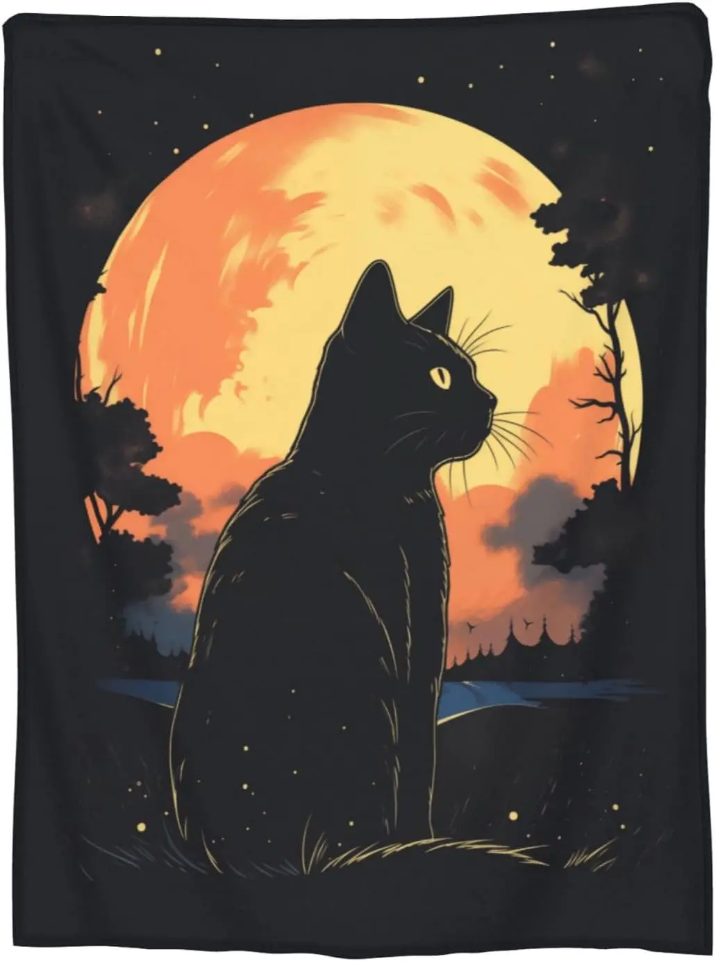 

Black Cat Blanket Moon Star Retro Theme Cat Print Blanket for Mom Girls Women Flannel Soft Warm Cozy Fuzzy Throw Blankets forBed