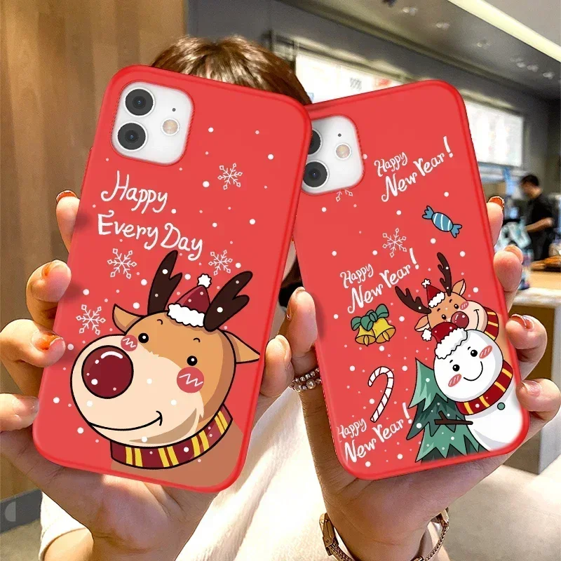 

New Year Christmas Elk Snowman Phone Case For iPhone 16 15 11 14 12 13 Pro Max Mini X XS XR 7 Plus SE Cartoon Soft Cover Fundas