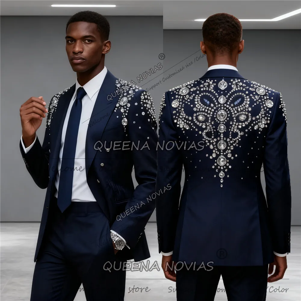 

Luxury Diamond Beaded Men Suit 2 Pieces Groom Blazers Customized Man Fashion Formal Wedding Tuxedos Slim Fit trajes para hombre