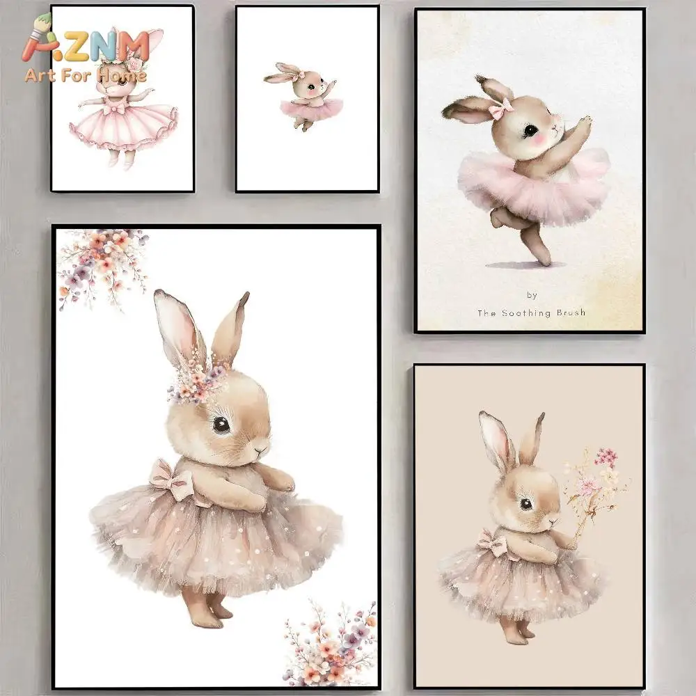 AZNM Watercolor Ballerina Bunny Canvas Print Cute Rabbit Pink Tutu Floral Wreath Unframed Canvas Wall Art Baby Girls Nursery Bed