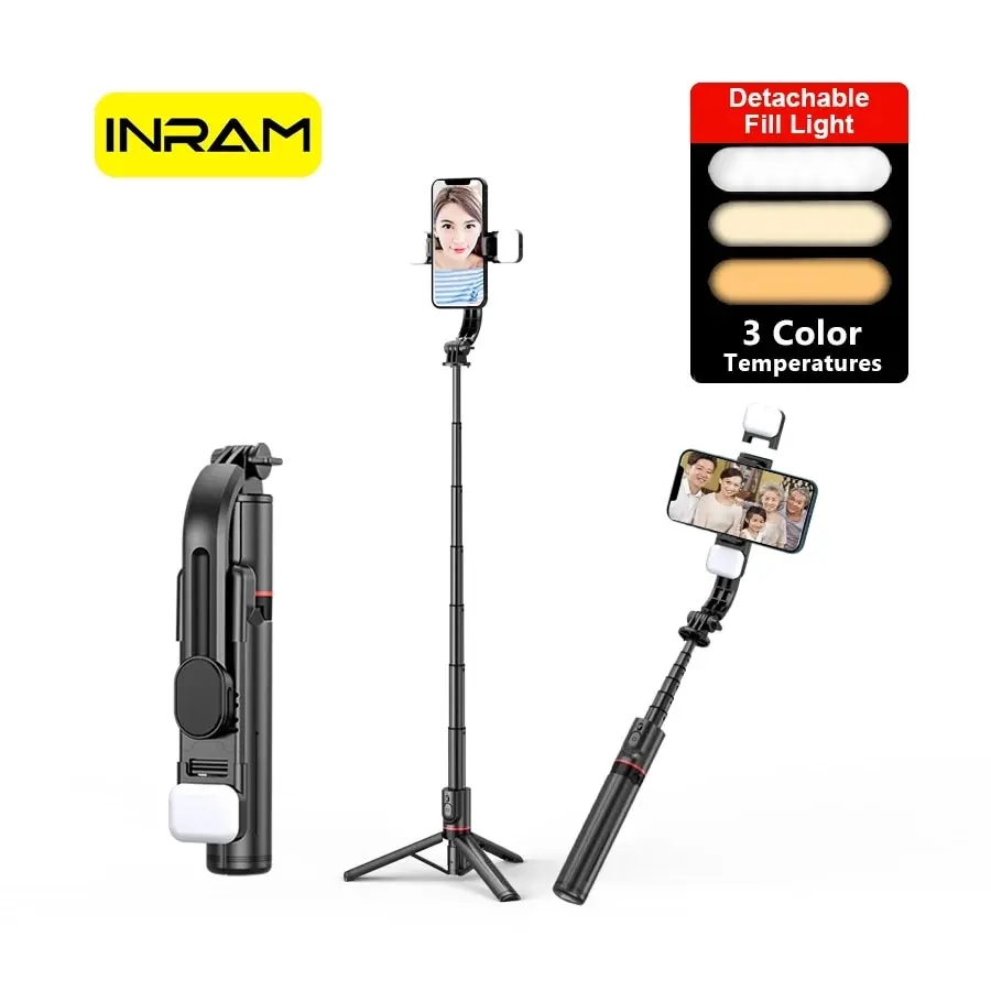 INRAM-L12d Foldable Wireless Bluetooth Selfie Stick Tripod with Remote Shutter, Mini Trepied, Gathering, Isolation Trip