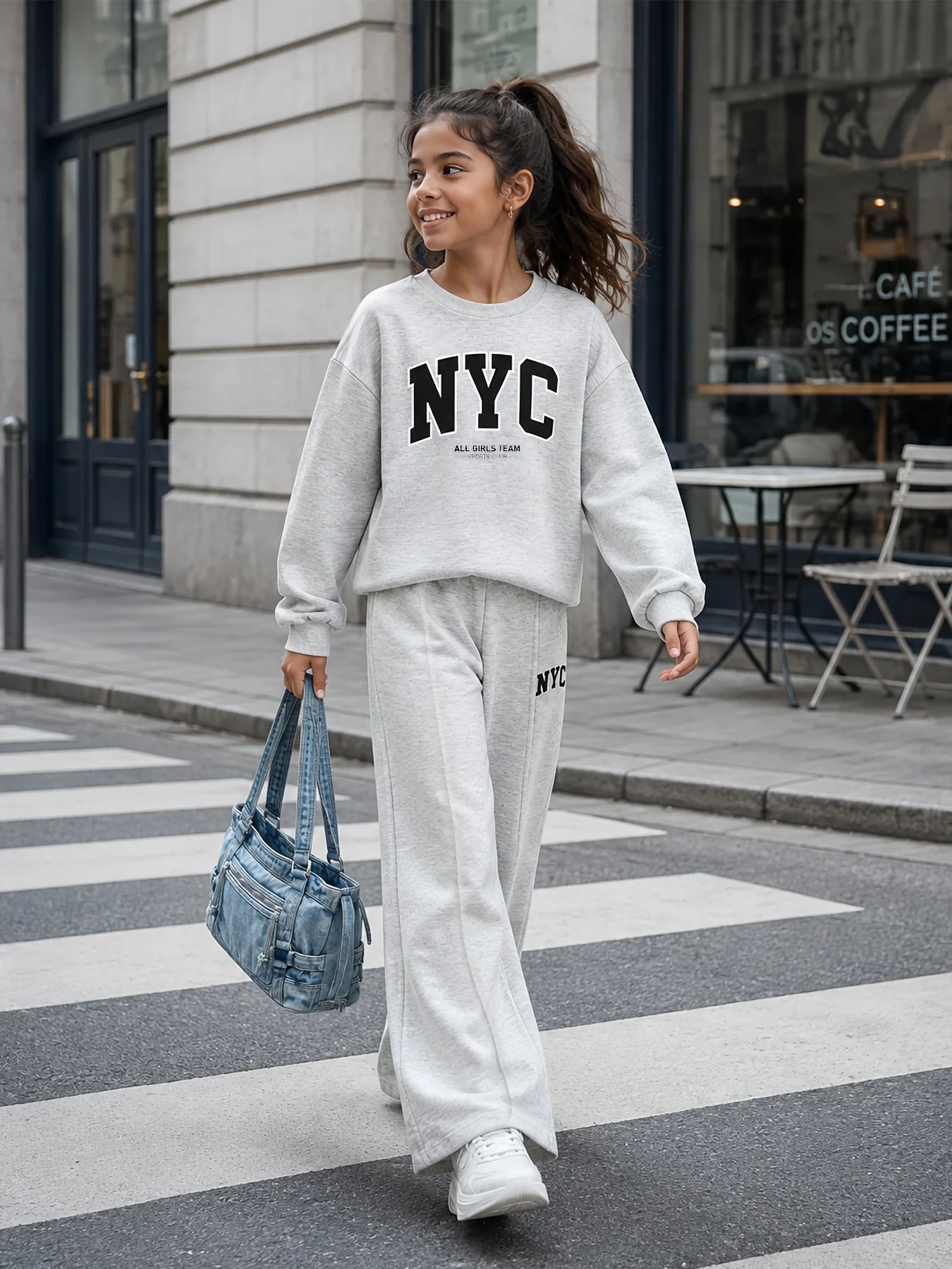 Mädchen-Herbst-Freizeitoutfit, Kinder-Set in Uni-Grau, Zweiteiliges Set aus Rundhals-Sweatshirt und Langer Hose für Mädchen, geeignet für 7-Jährige. – Detail 1
