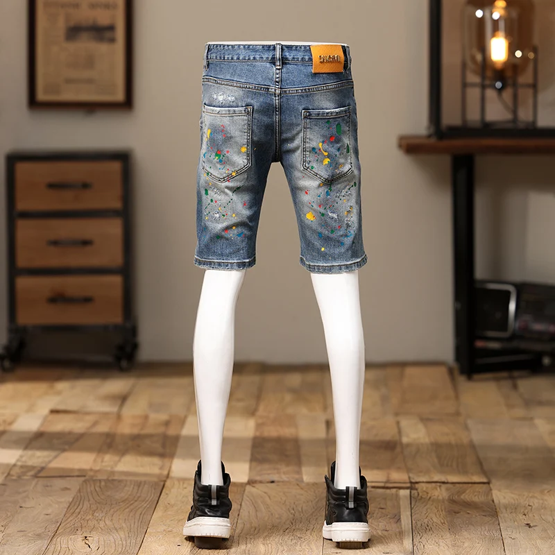 2024 New Spring And Summer Men'S Denim Shorts Broken Straight Elastic Slim Embroidery Patches Spray-Painted Chinese Pants