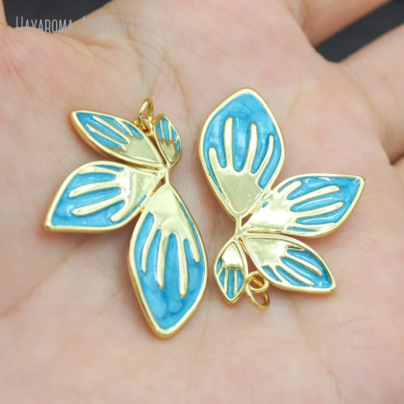 10Pcs Gold Color Copper Leaf Shape Geometric Free Form Metal Wholesale Jewelry Enamel Orchid Pendant PM53271