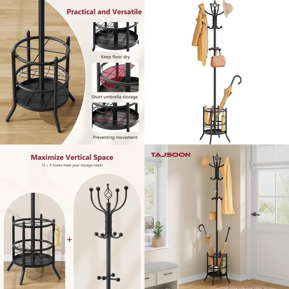 

Напольная вешалка для одежды с 16 крючками и подставкой для зонтов, идеально подходит для дома или офиса, черная