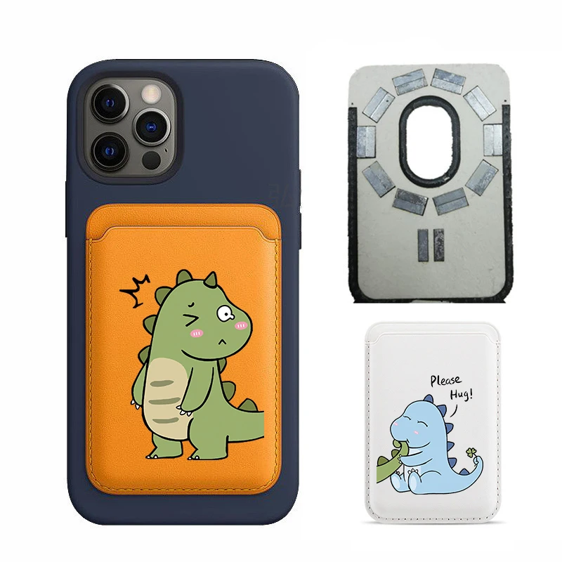 Upgrade Magnetic Baby Green Dinosaur PU Leather Wallet Case For MagSafe iPhone13 14 12 15 Cute Animal Card Bag Holder Cover